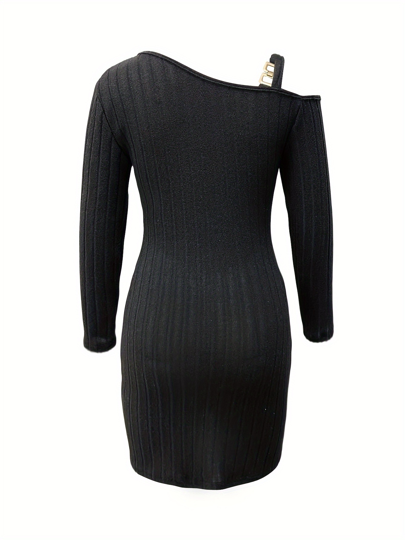 ribbed slanted shoulder dress party wear solid long sleeve mini dress womens clothing details 7
